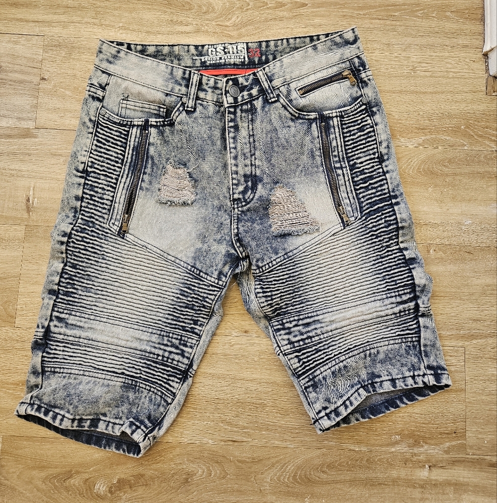 GS-115 Acid Wash Mens Jean Shorts-zipper Fly, Size 32- Street Wear